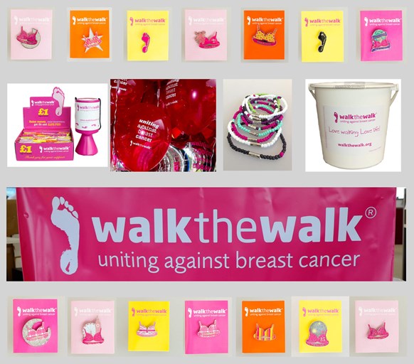 Walk the Walk fundraising items, badges, balloons, banner and more